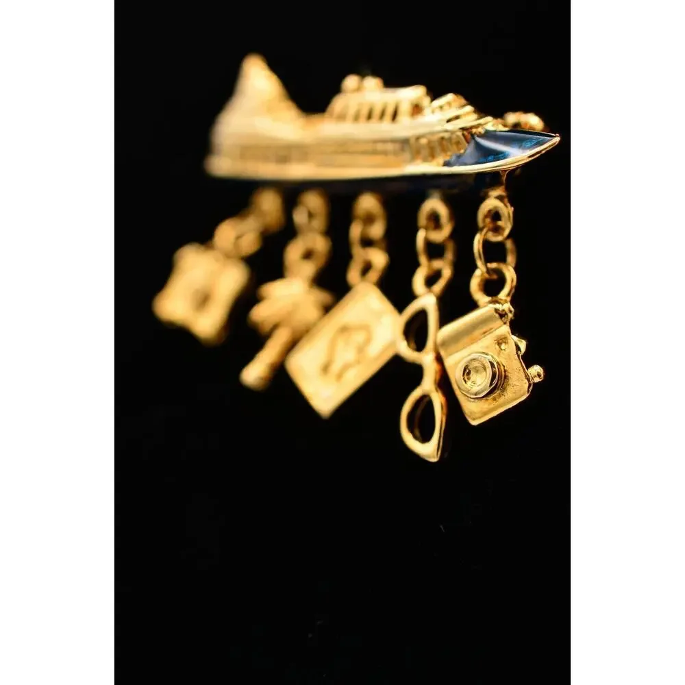 Jo Jo Vintage Cruise Ship Pin Brooch Charm Black Enamel Gold Tone 90s BinAT